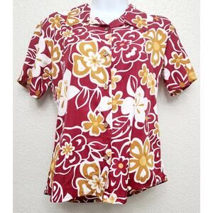Stitch Hawaiian Burgundy Yellow White Hawaiian Print Button Up Top Small Collard